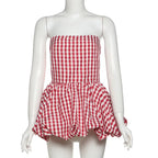 Spring Summer Plaid Tops for Women Streetwear Strapless Off Shoulder Backless Ruched Red T-shirt Girls Sleeveless Tees Top