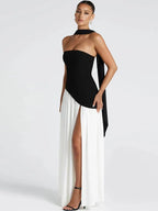 Strapless Asymmetric Corset Panel Pleated High Split Maxi Gown