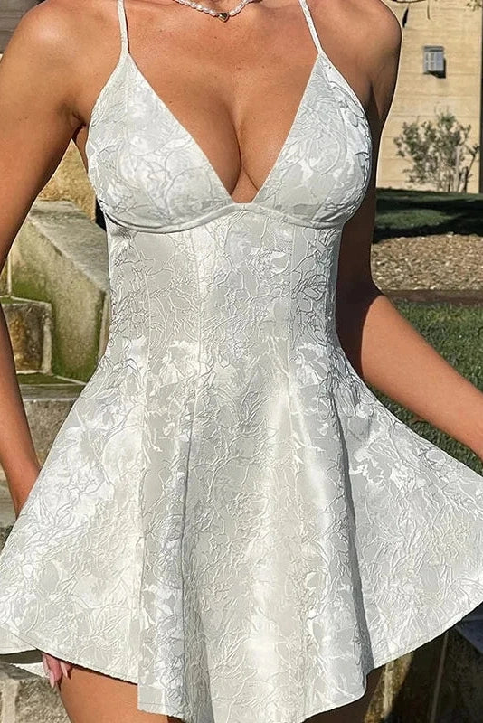 A-Line Deep V-Neck Sleeveless Mini Dress with Spaghetti Straps and Backless Design