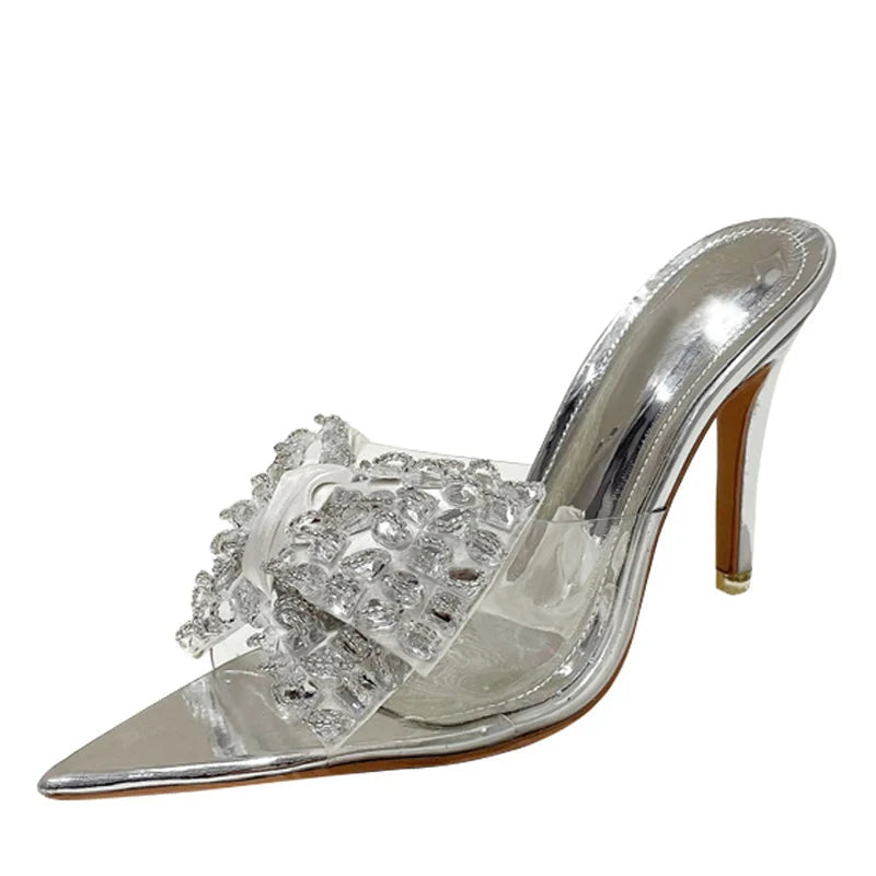 Pointed Toe Mule High Heels Stripper with Bowknot and Transparent PVC