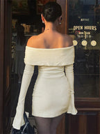 Backless Lace-Up Slim MIni Dress Women's Elegant Ribbed Long Sleeve Off-Shoulder Summer 2024 Dress Female Party Dress New
