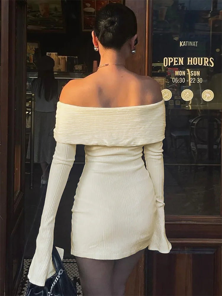 Backless Lace-Up Slim MIni Dress Women's Elegant Ribbed Long Sleeve Off-Shoulder Summer 2024 Dress Female Party Dress New