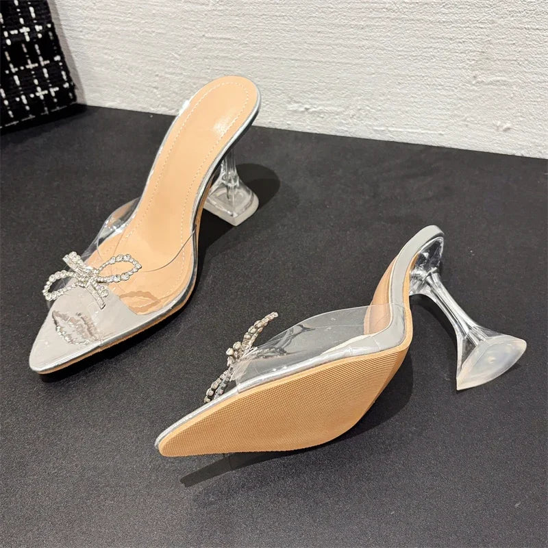 Sexy Butterfly-knot Pointed Toe PVC Transparent Heels Sandals for Women