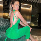 Spaghetti Strap Tie Shoulder Cowl Back Shimmer Mermaid Maxi Dress