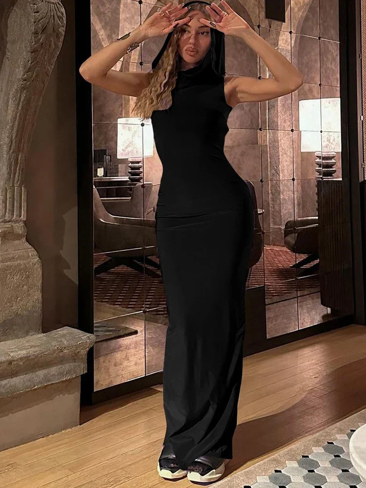 Hooded Cowl Neck Sleeveless Bodycon Maxi Dress