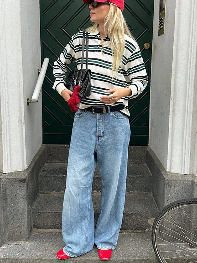 Vintage Stripe Basic Women's T-shirt Casual Long Sleeve Female All Match Polo Shirt Spring New Ladies Loose Tops High Street