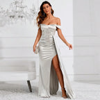 Off Shoulder Sweetheart Ruched Satin Draped Sash High Slit Mermaid Maxi Gown