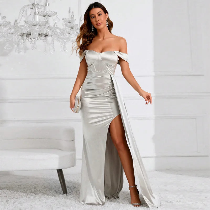 Off Shoulder Sweetheart Ruched Satin Draped Sash High Slit Mermaid Maxi Gown