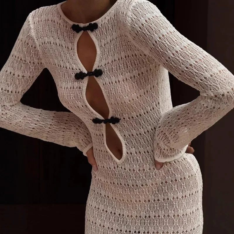 Crochet Open Knit Frog Closure Teardrop Cut Out Long Sleeve Bodycon Dress