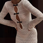 Crochet Open Knit Frog Closure Teardrop Cut Out Long Sleeve Bodycon Dress