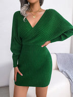 Rib Knit Off-Shoulder Surplice Dolman Sleeve Bodycon Mini Dress