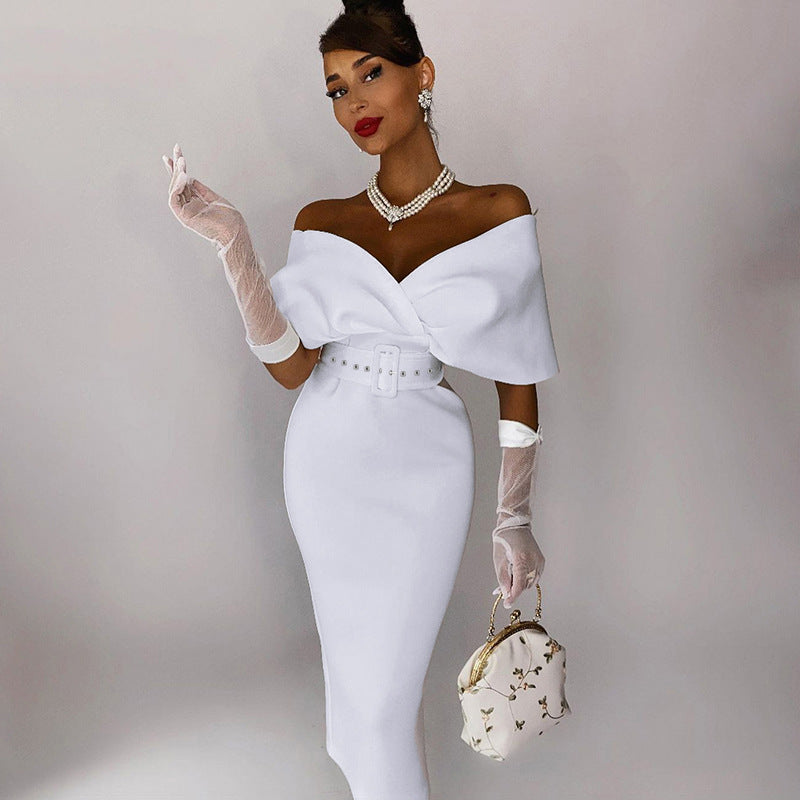 Off Shoulder Draped Cap Sleeve Wrap Belt Grommet Bodycon Midi Dress