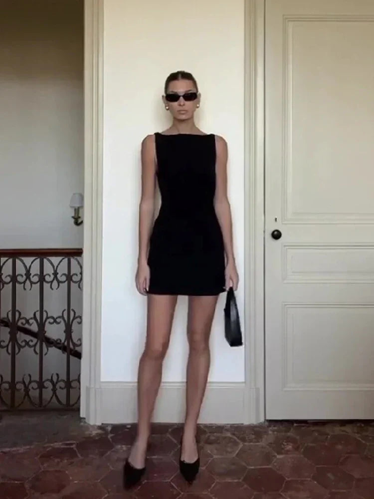 Sleeveless Boat Neck Shift Mini Dress