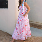Smocked Square Neck Tie Strap Tiered Floral Maxi Dress