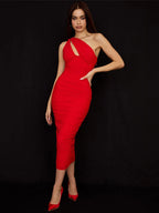 One Shoulder Corset Bodice Ruched Bodycon Midi Dress