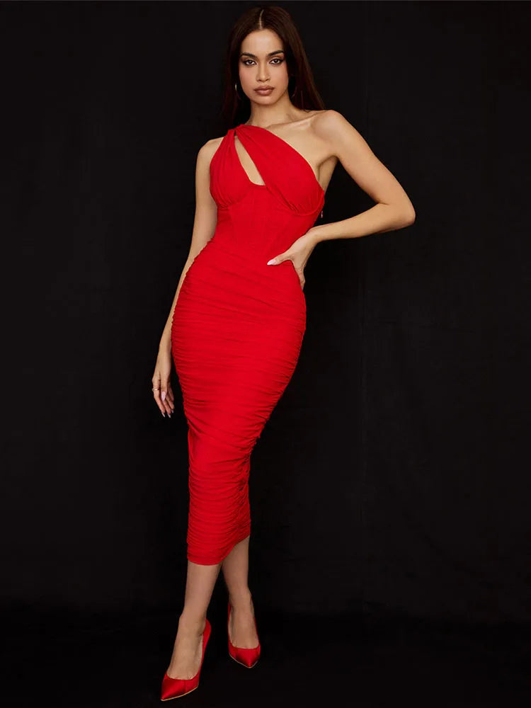 One Shoulder Corset Bodice Ruched Bodycon Midi Dress