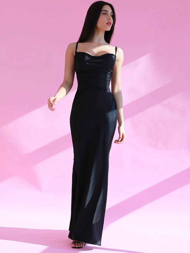 Satin Cowl Neck Spaghetti Strap Ruched Side Maxi Dress