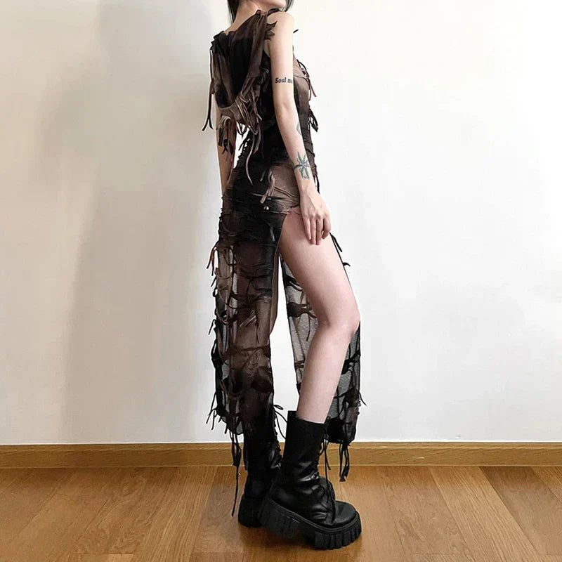Tie Dye Distressed Fringe High Split Bodycon Midi Dress