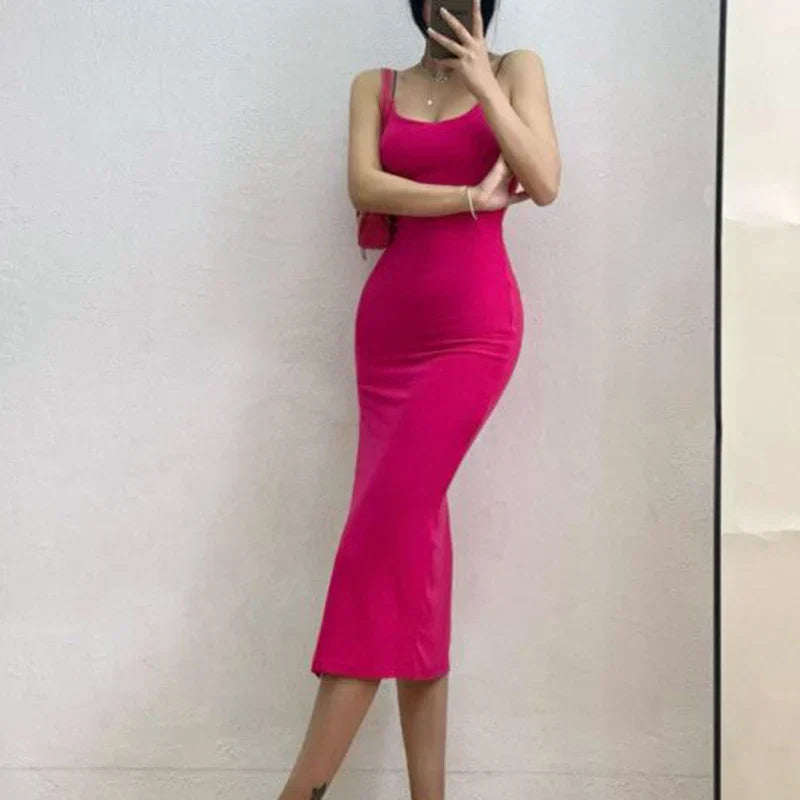 Scoop Neck Spaghetti Strap Bodycon High Split Midi Dress