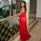 Pleated Deep V Neck Spaghetti Strap Tiered Maxi Dress