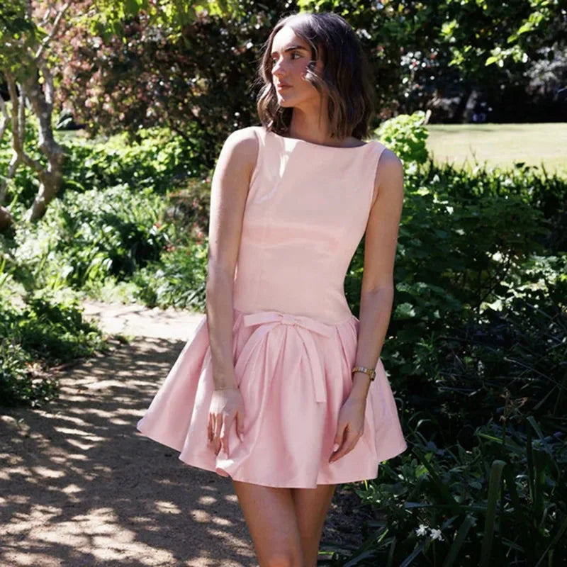 Satin Boat Neck Sleeveless Front Bow Waist Pleated Fit and Flare Mini Dress