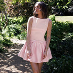 Satin Boat Neck Sleeveless Front Bow Waist Pleated Fit and Flare Mini Dress