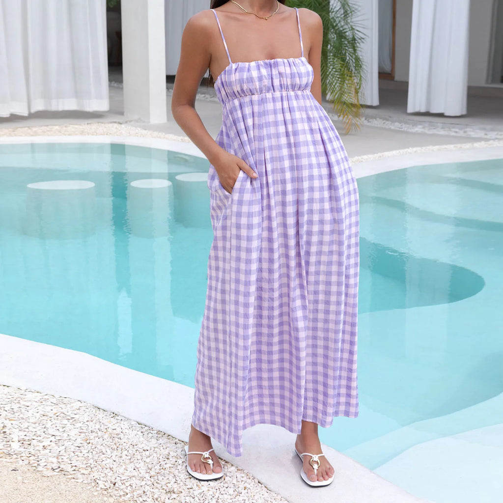 Gingham Check Empire Waist Gathered Bust Spaghetti Strap Swing Maxi Dress