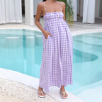 Gingham Check Empire Waist Gathered Bust Spaghetti Strap Swing Maxi Dress
