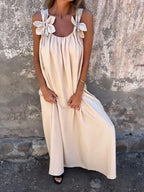 Bow Shoulder Strap Scoop Neck Loose Fit Pocket Maxi Dress