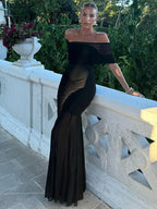 Off Shoulder Mesh Drape Ruched Bodice Sheer Overlay Maxi Gown