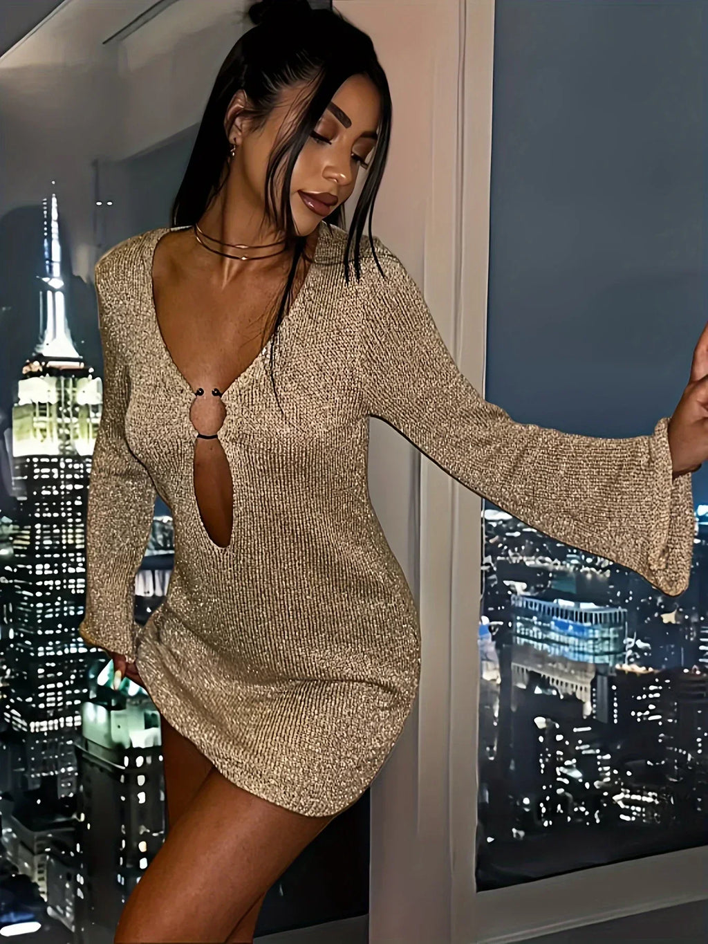 Deep V Ring Hardware Keyhole Metallic Knit Bell Sleeve Mini Dress