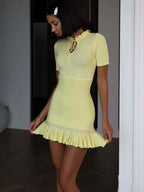 Ribbed Knit Keyhole Pie Crust Collar Ruffle Hem Mini Dress