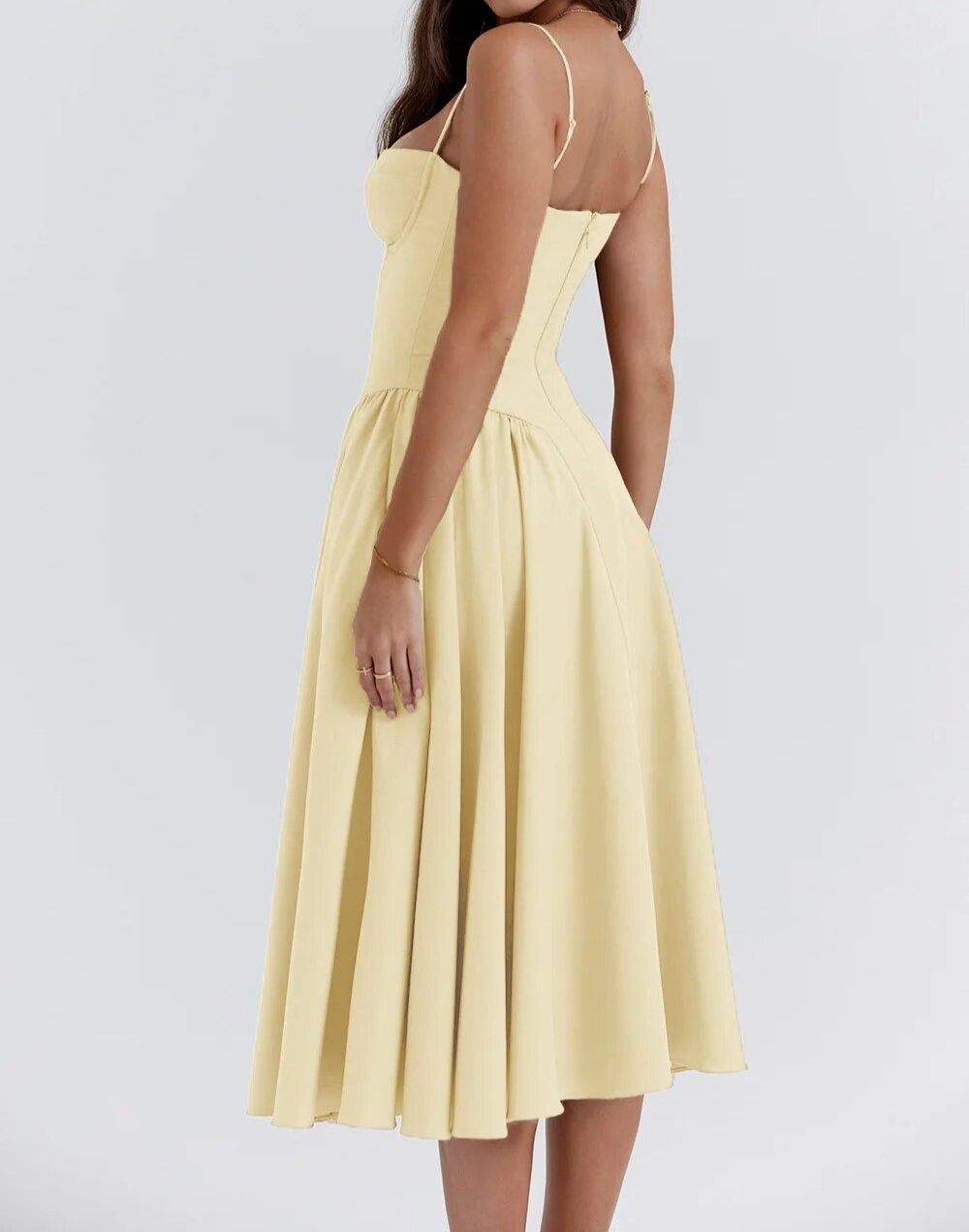 Corset Bodice Basque Waist Pleated A-Line Midi Dress