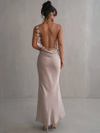 Floral Applique Spaghetti Strap Cowl Back Open Back Maxi Gown