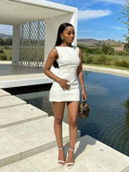 Sleeveless Boat Neck Shift Mini Dress