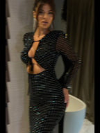 Rhinestone Mesh Long Sleeve Tie Front Cut Out Two Piece Set