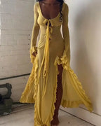 Tie Front Keyhole Long Sleeve Ruffle Cuff High Split Maxi Dress