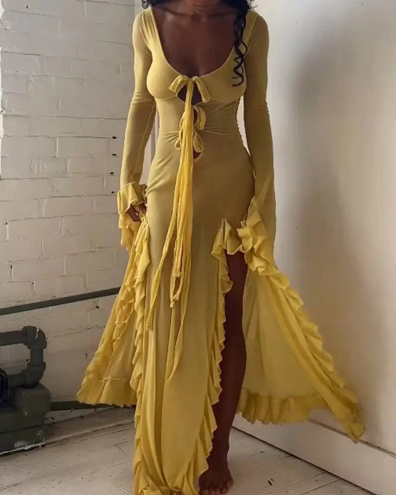 Tie Front Keyhole Long Sleeve Ruffle Cuff High Split Maxi Dress
