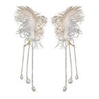 Lizakosht Unique Long White Feather Pearl Tassel Earrings for Women Creative Clip-On Party Jewelry No Piercing