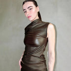 Leather Solid Waist Short Sleeve Crop Top