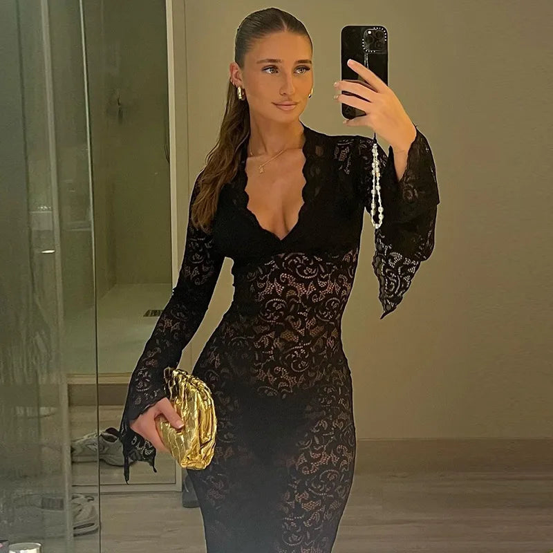 Deep V-Neck Floral Lace Bell Cuff Long Sleeve Sheer Maxi Dress