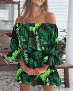 Off Shoulder Floral Print Bell Sleeve Elastic Waist Ruffle Cuff Mini Dress