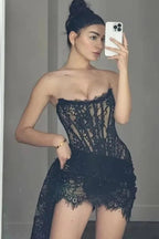 High Waist Lace Printed Strapless Mini Dress