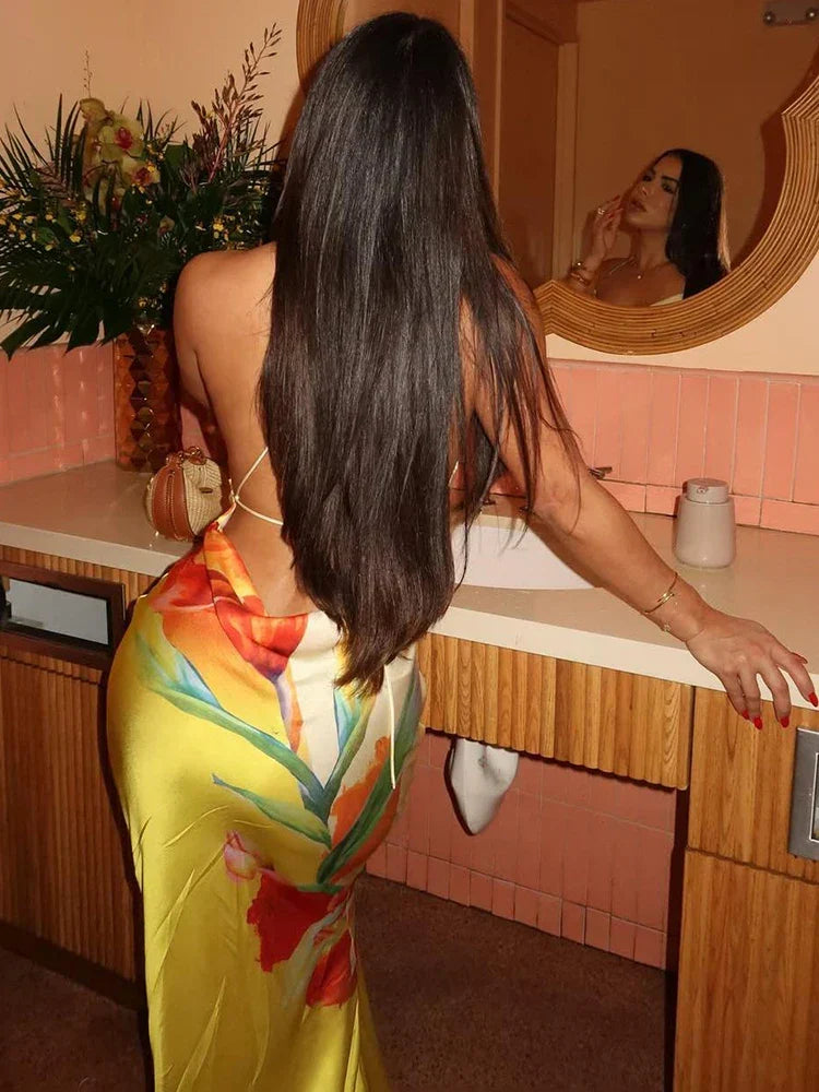 Large Scale Floral Print Cowl Neck Spaghetti Strap Satin Slip Maxi Dress