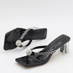 Glitter Rhinestones Transparent Low Heels Slippers Crystal Strap Sandals for Women