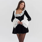 Velvet Corset Bodice Ruffled Lace Collar Long Sleeve Puff Skirt Mini Dress