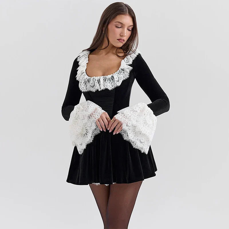 Velvet Corset Bodice Ruffled Lace Collar Long Sleeve Puff Skirt Mini Dress