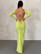 Long Sleeve Plunging Open Back Ruched Bodycon Maxi Dress
