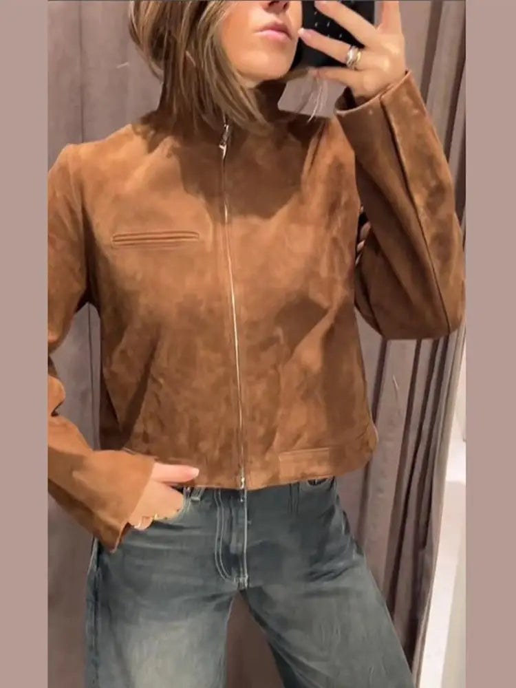 Stand Collar Suede Leather Jacket Coat Zipper Retro Long Sleeved Casual Biker Jackets Loose Fashion Front Shoulder Short Outwear