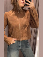 Stand Collar Suede Leather Jacket Coat Zipper Retro Long Sleeved Casual Biker Jackets Loose Fashion Front Shoulder Short Outwear